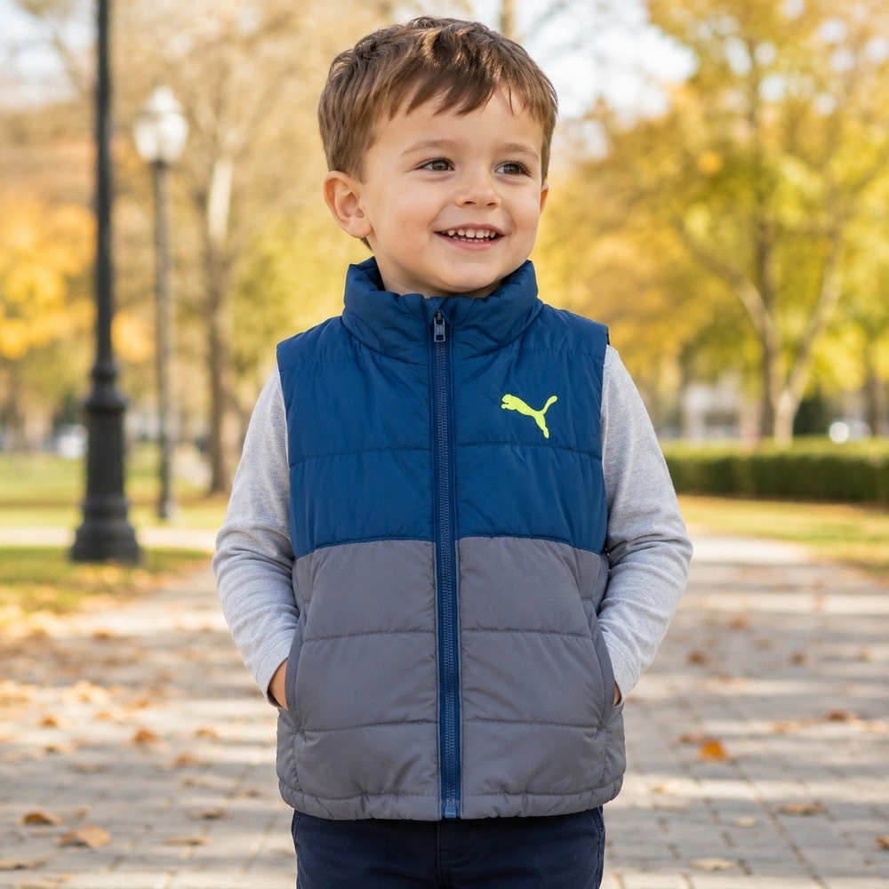 Puma‎ Boys XXS 3-4 Blue Gray Colorblock Puffer Vest Neon Logo